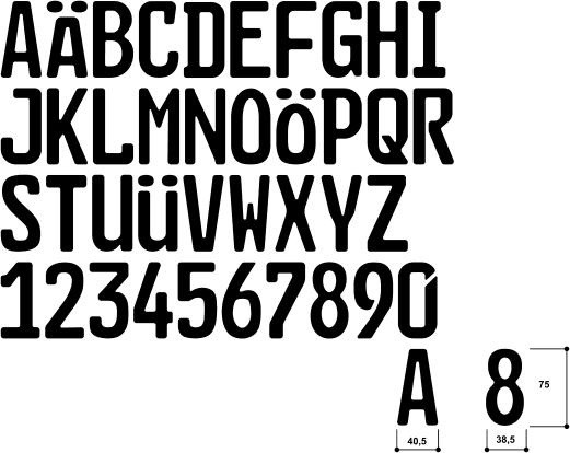 Es werden beispielhaft alle Buchstaben des Alphabets nebst Umlauten in der Engschrift Höhe 75 mm in schwarz sowie alle Zahlen von 1 bis 0 einschließlich der 0 dargestellt. Darunter werden beispielhaft der Buchstabe A sowie die Zahl 8 mit Bemaßung dargestellt. Der Buchstabe A ist 40,5 mm breit und die Zahl 8 38,5 mm.