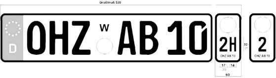 Es wird beispielhaft ein Wechselkennzeichen dargestellt. Das Kennzeichen besteht aus zwei Teilen, einem gemeinsamen Kennzeichenteil und einem fahrzeugbezogenen Teil. Das Größtmaß für beide Teile beträgt 520 mm. Der abgebildete gemeinsame Kennzeichenteil hat einen schwarzen Rand mit abgerundeten Kanten. Innerhalb des Kennzeichens sind von links nach rechts das Eurofeld, die Buchstaben OHZ und das Feld für die Stempelplakette angebracht. Oberhalb des Feldes für die Stempelplakette befindet sich die Kennzeichnung W. Nachfolgend sind die Buchstaben AB und die Ziffern 1 und 0 abgebildet. Die übrigen Abmessungen des dargestellten gemeinsamen Kennzeichenteils entsprechen denen der allgemeinen Kennzeichen. Daneben befinden sich zwei beispielhafte Abbildungen eines kurzen fahrzeugbezogenen Kennzeichenteils mit teilweiser Bemaßung. Dieses ist ebenso hoch wie der gemeinsame Kennzeichenteil und 60 mm breit. Die Ecken sind abgerundet. Der Rand des kurzen fahrzeugbezogenen Kennzeichenteils ist schwarz. Auf der ersten Abbildung des kurzen fahrzeugbezogenen Kennzeichenteils ist das Feld für die HU-Plakette angebracht. Darunter sind die Zeichen 2 H abgebildet. Unterhalb dessen ist in kleiner Schrift die Zeichenkombination OMZAB10 abgebildet. Die zweite Abbildung des kurzen fahrzeugbezogenen Kennzeichenteils ist identisch, mit dem Unterschied, dass unterhalb des Feldes für die HU-Plakette nur die Ziffer 2 abgebildet ist. Unterhalb dessen ist in kleiner Schrift die Zeichenkombination OMZAB10 abgebildet.