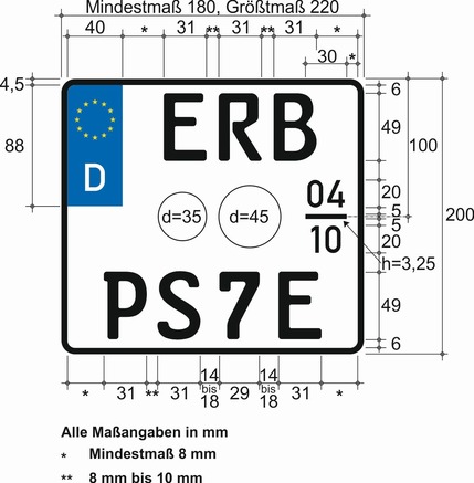 Es wird beispielhaft ein Kraftradkennzeichen als Saisonkennzeichen für Elektrofahrzeuge nebst Bemaßung dargestellt. Das Kennzeichen weist ein Mindestmaß von 180 mm und ein Größtmaß von 340 mm auf und ist 200 mm hoch. Die Ecken des Kennzeichens sind abgerundet. Der Rand des Kennzeichens ist schwarz. In der ersten Zeile an der linken oberen Seite des Kennzeichens befindet sich ein Euro-Feld, wie bereits zuvor beschrieben. Rechts daneben in einem Abstand von mindestens 8 mm sind die Buchstaben ERB in schwarzer Mittelschrift, wie bereits zuvor beschrieben, abgebildet. Unterhalb der Buchstaben ERB sind die vorgesehenen Felder für die Plaketten abgebildet. Das kleinere mit einem Durchmesser von 35 mm ist linksseitig des größeren angesiedelt, welches einen Durchmesser von 45 mm hat. Daneben befindet sich das Feld für den Betriebszeitraum. Dieses ist 30 mm breit. Die Ziffern 0 und 4 sind 20 mm hoch und über dem Bindestrich angesiedelt. Danach folgt ein Bindestrich. Unterhalb des Bindestrichs sind die Ziffern 1 und 0, die ebenfalls 20 mm hoch sind, aufgeführt. In der nächsten Zeile mit einem Mindestabstand von 8 mm zum Rand schließen sich die Buchstaben PS an. Der Abstand zwischen den Buchstaben P und S beträgt zwischen 8 bis 10 mm. In einem Abstand von 14 bis 18 mm schließen sich die Zahl 7 und der Buchstabe E in schwarzer Mittelschrift an. Der Abstand zwischen ihnen beträgt ebenfalls zwischen 14 bis 18 mm.