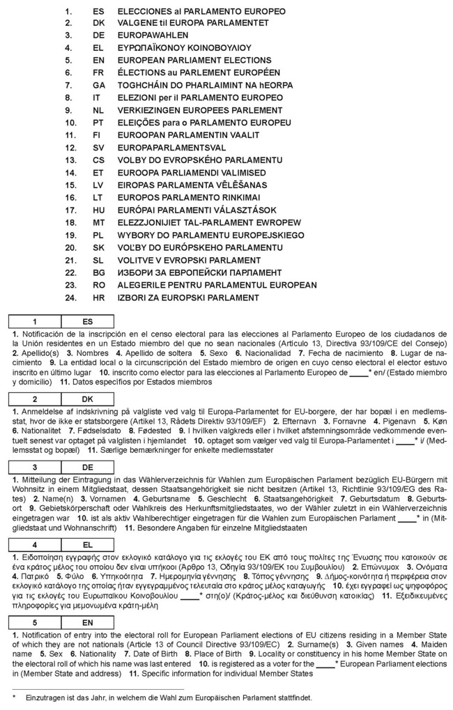 Es werden die Angaben der ersten Seite in Spanisch, Dänisch, Deutsch, Griechisch und Englisch übersetzt wiedergegeben.<Rec