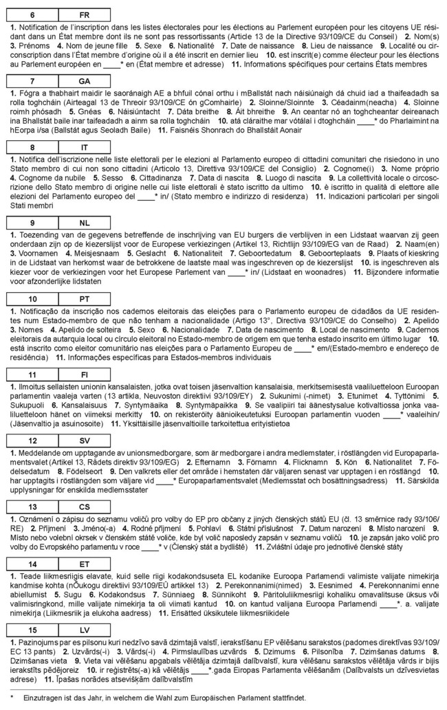 Es werden die Angaben der ersten Seite in Französisch, Gälisch, Italienisch, Niederländisch, Portugiesisch, Finnisch, Schwedisch, Tschechisch, Estnisch und Lettisch übersetzt wiedergegeben.<Rec