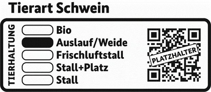 Darstellung der Kennzeichnung der Tierhaltung. Über dem Rechteck befindet sich die Überschrift „Tierart Schwein“. In dem Rechteck darunter steht ganz links das Wort „Tierhaltung“, gefolgt von der Auflistung „Bio“, „Auslauf/Weide“, „Frischluftstall“, „Stall+Platz“ und „Stall“. Die Option „Auslauf/Weide“ ist gekennzeichnet. Rechts neben der Auflistung befindet sich ein QR-Code mit dem Vermerk „Platzhalter“ auf dem Code.