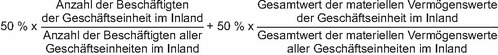 Die Formel ist zweigeteilt als Addition: Anzahl der Beschäftigten der Geschäftseinheit im Inland geteilt durch die Anzahl der Beschäftigten aller Geschäftseinheiten im Inland, alles multipliziert mit 50 % plus Gesamtwert der materiellen Vermögenswerte der Geschäftseinheit im Inland geteilt durch den Gesamtwert der materiellen Vermögenswerte im Inland, alles multipliziert mit 50 %