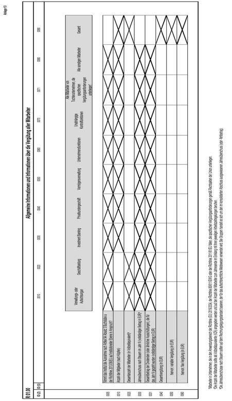 Anlage 13 der Anzeigenverordnung enthält Tabelle R 01.00 mit dem Titel "Allgemeine Informationen und Informationen über die Vergütung aller Mitarbeiter“. In dieses Formular sind Eintragungen in den einzelnen Zellen nach Maßgabe der einzelnen Zeilen in Relation zu verschiedenen Gruppen von Mitarbeitern vorzunehmen, die sich aus der Bezeichnung der einzelnen Spalten ergeben.