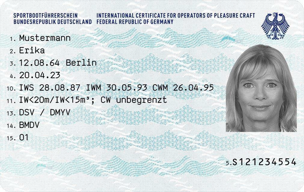 Abbildung der Vorderseite des Sportbootführerscheins mit persönlichen und funktionalen Daten