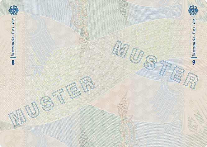 Abbildung der Passbuchinnenseiten 8 und 9 des 48-seitigen Reisepasses