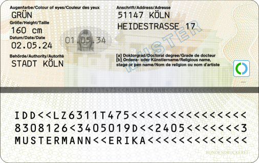 Abbildung der Rückseite des Personalausweises mit dem neuen Datenfeld „[a] Doktorgrad“ und dem dort zugeordneten Datenfeld „[b] Ordens- oder Künstlername“