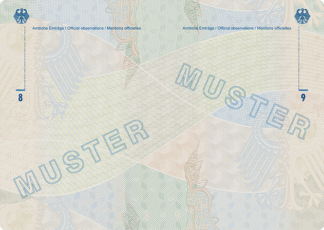 Abbildung der Passbuchinnenseiten 8 und 9 des Reiseausweises für Flüchtlinge