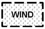 Abgebildet ist ein auf der langen Seite liegendes, weiß ausgefülltes Rechteck, dessen Rand eine gestrichelte Linie bildet. Die einzelnen Striche sind schwarz, dick und langgezogen, die Abstände dazwischen sind klein. In dem Rechteck steht in schwarzen Großbuchstaben das Wort „WIND“. Die Fläche des Rechtecks ist im Hintergrund mit zehn waagerechten Reihen von jeweils circa acht kleinen, grauen Pfeilspitzen ohne Schaft ausgefüllt. Die Pfeilspitzen einer Reihe zeigen einheitlich nach links oder rechts, wobei sich die Richtung je Reihe abwechselt. Die Pfeilspitzen benachbarter Reihen sind seitlich versetzt zueinander angeordnet.