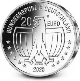 Neben dem Adler sind der Schriftzug „BUNDESREPUBLIK DEUTSCHLAND“, die Wertziffer und Wertbezeichnung, das Prägezeichen „G“ der Staatlichen Münzen Baden-Württemberg, die Jahreszahl 2025 sowie die zwölf Europasterne zu sehen. Zusätzlich ist die Angabe „SILBER 925“ aufgeprägt.