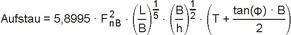 Die Abbildung stellt folgende Formel dar: Aufstau gleich 5,8995 mal F tiefgestellter Index nB zum Quadrat mal Klammer auf L geteilt durch B Klammer zu hoch eins geteilt durch fünf mal Klammer auf B geteilt durch h Klammer zu hoch eins geteilt durch zwei mal Klammer auf T plus Tangens Klammer auf Phi Klammer zu mal B geteilt durch zwei Klammer zu.