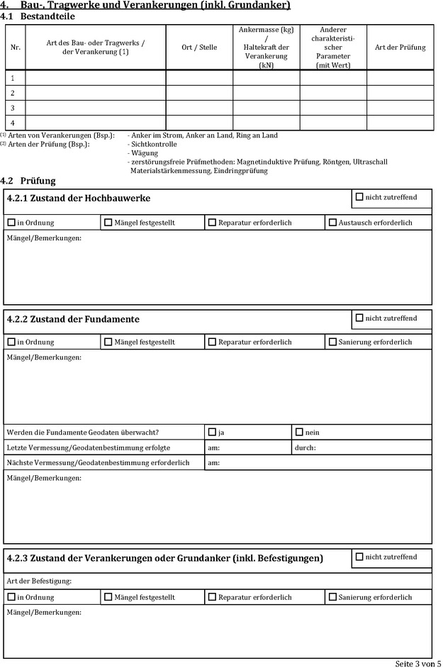 Die Abbildung zeigt das Muster für ein Abnahmeprotokoll zur Prüfung von seil- und kettengebundenen Fähren. Abgebildet ist Seite 3.