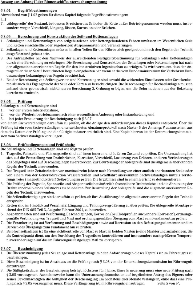 Die Abbildung zeigt das Muster für ein Abnahmeprotokoll zur Prüfung von seil- und kettengebundenen Fähren. Abgebildet ist Seite 5. Abgebildet ist ein Auszug aus Anhang II der Binnenschiffsuntersuchungsordnung. Abgebildet sind § 3.01 Nr. 7 sowie die §§ 3.04 bis 3.07.