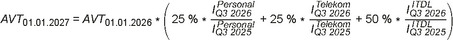 AVT tiefgestellt 01.01.2027 ist gleich AVT tiefgestellt 01.01.2026 multipliziert mit Klammer auf 25 % multipliziert mit dem Bruch aus I hochgestellt Personal tiefgestellt Q3 2026 geteilt durch I hochgestellt Personal tiefgestellt Q3 2025 plus 25 % multipliziert mit dem Bruch aus I hochgestellt Telekom tiefgestellt Q3 2026 geteilt durch I hochgestellt Telekom tiefgestellt Q3 2025 plus 50 % multipliziert mit dem Bruch aus I hochgestellt ITDL tiefgestellt Q3 2026 geteilt durch I hochgestellt ITDL tiefgestellt Q3 2025 Klammer zu