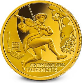 Die einfache Gestaltung des Entwurfs ermöglicht es, die Handlung der Novelle „Aus dem Leben eines Taugenichts“ leicht zu verstehen. Die Gegensätze, zwischen denen sich die musizierende Figur bewegt, werden deutlich dargestellt: links die Zollstube mit Feder, Papier und Abakus; rechts der Wald, eine Frau und Blumenschmuck. Diese Entscheidung, ein einfaches, gefühlsbetontes Leben zu führen, anstatt einem vom Pflichtbewusstsein bestimmten, wird durch eine lebendige Darstellung der Hauptfigur unterstützt. Diese Umkehrung der Werte wird durch die umgekehrte Schrift und die sichelförmige, zweigeteilte Bildseite betont.